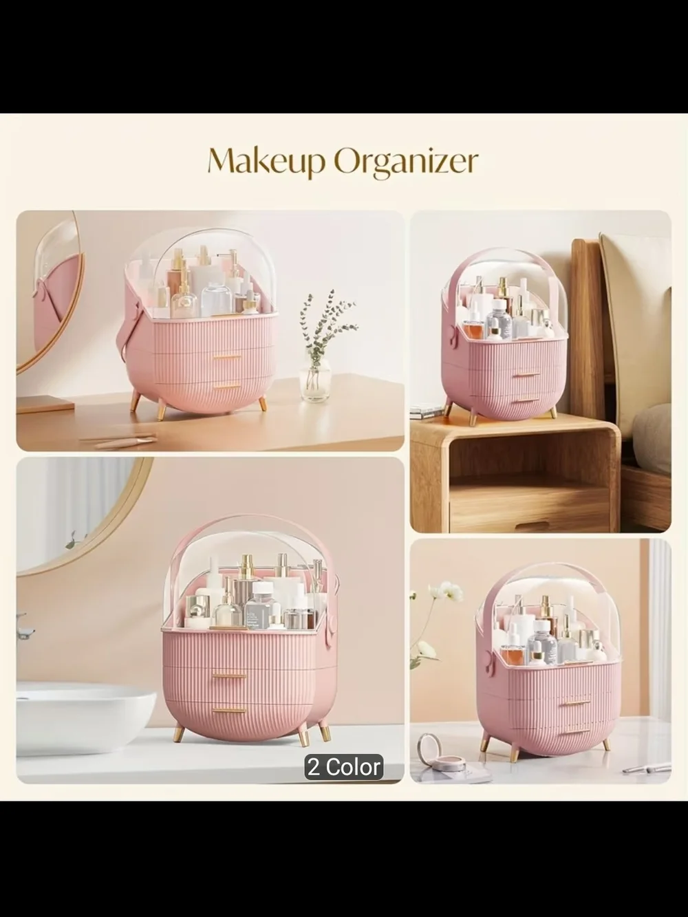 Pink Cosmetic Organizer Caddy with Clear Lid - Women Makeup/Bath And Body